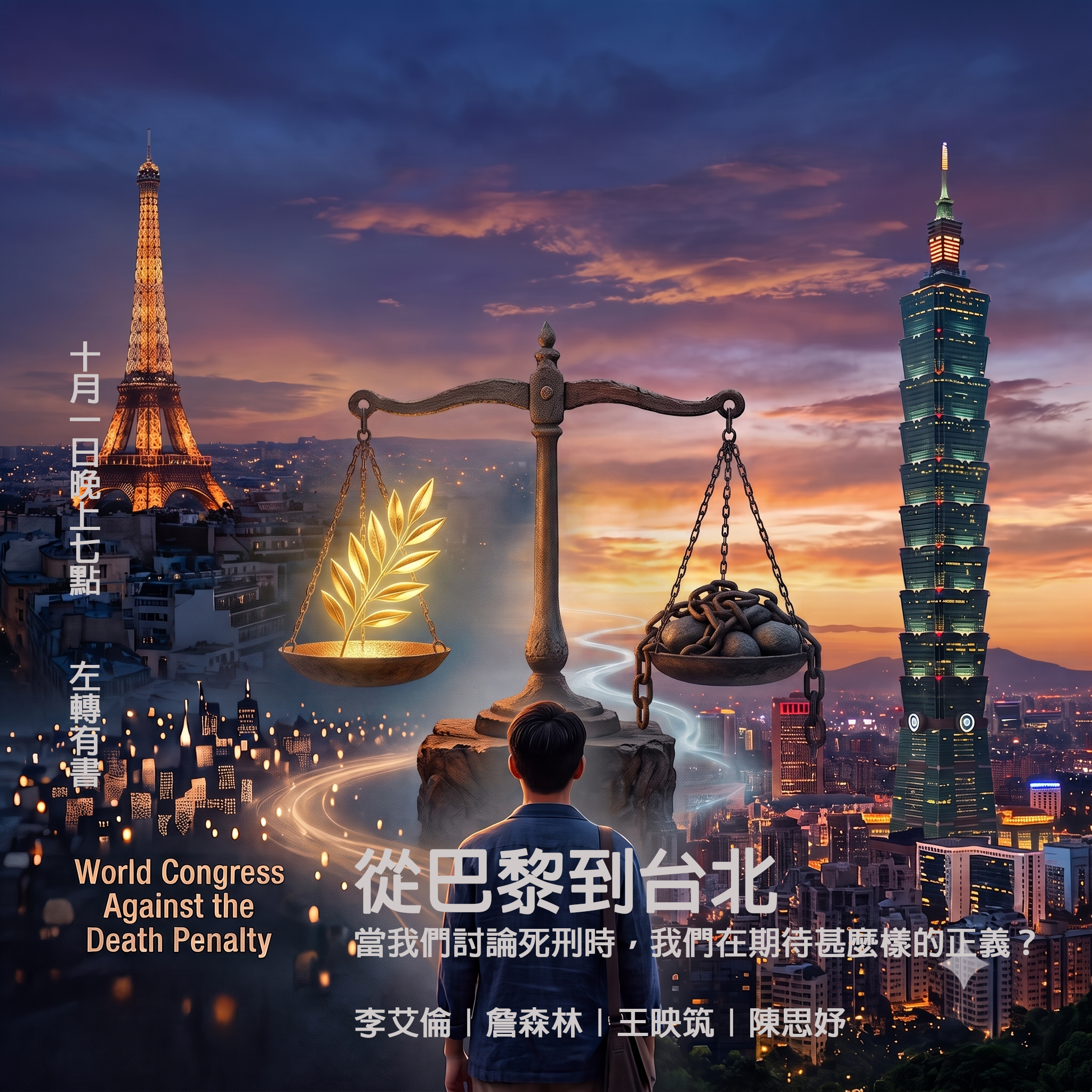 逍遙法外法律扶助跨界講座第129場:從巴黎到台北:當我們談論死刑時,我們在期待甚麼樣的正義? 日期:2026.10.1(四) 地點:左轉有書(臺北市鎮江街3-1號) 李艾倫|詹森林|王映筑|陳思妤