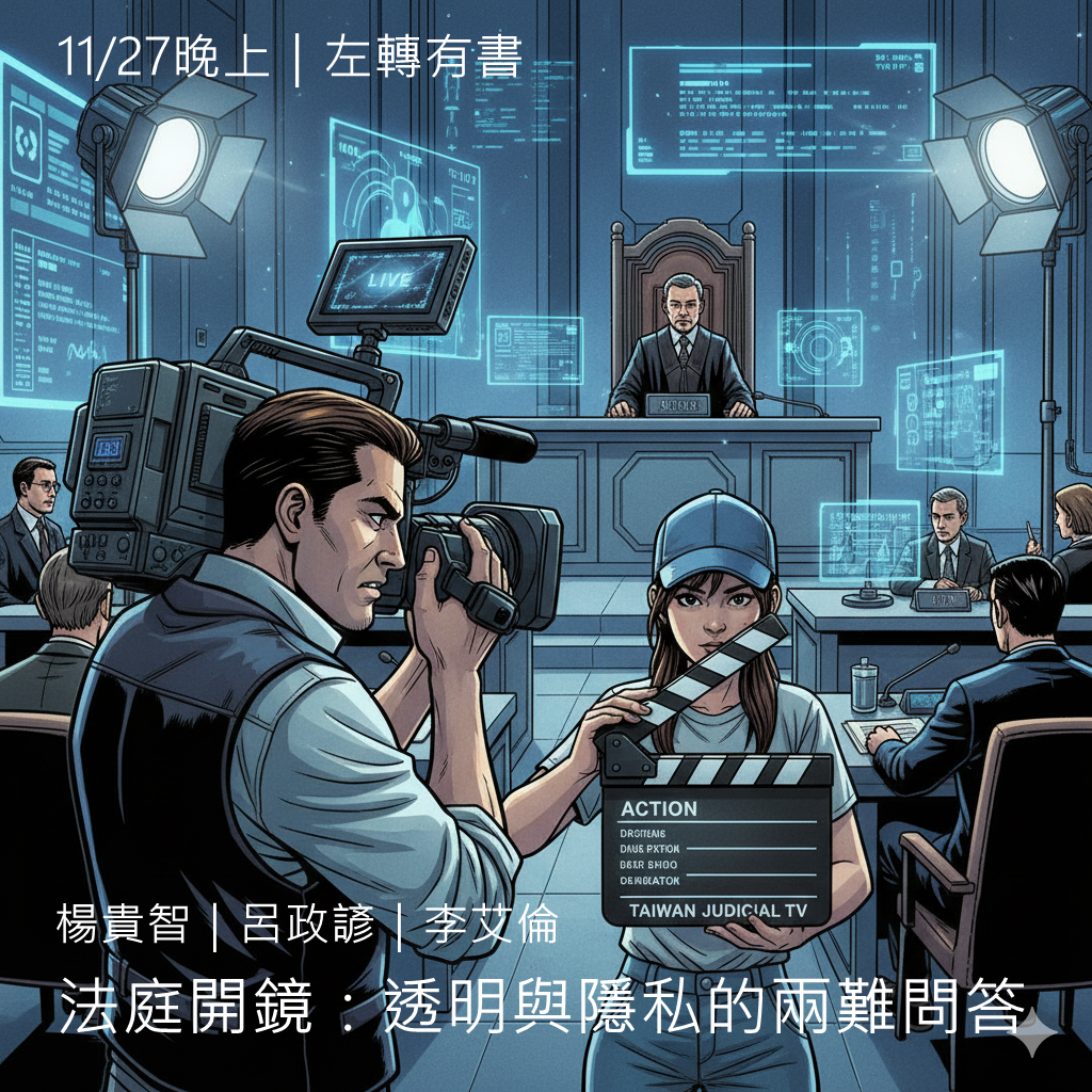 逍遙法外法律扶助跨界講座第122場「法庭開鏡:透明與隱私的兩難問答 」,楊貴智|呂政諺|李艾倫,11/27(四)晚上7點左轉有書
